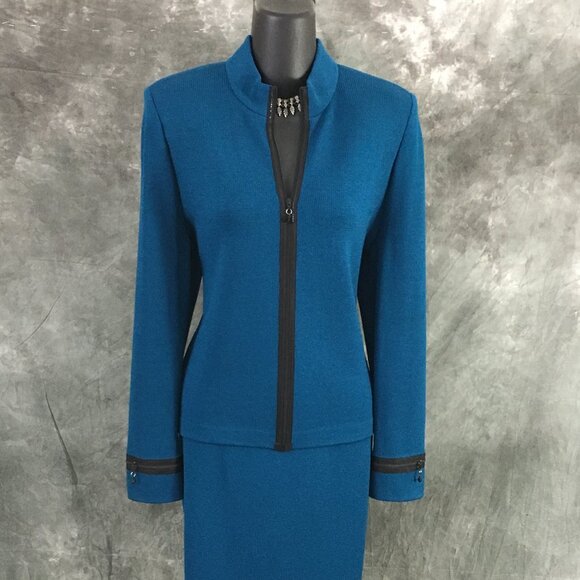 BEAUTIFUL St John collection knit turquoise black jacket skirt suit size 8 10 - Picture 2 of 10
